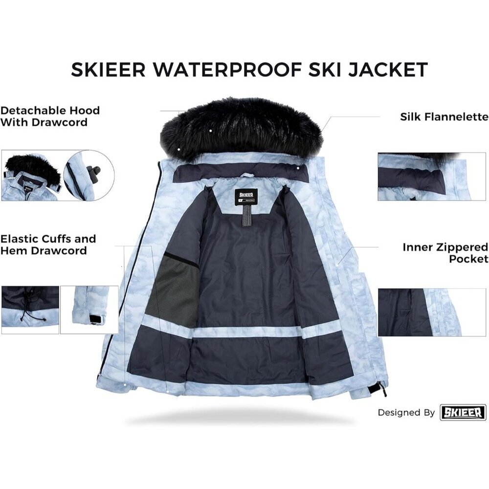 Women's Blue Flora Waterproof Ski Winter Warm Puffer Thick Hooded Winter Jacket - Picture 3 of 6